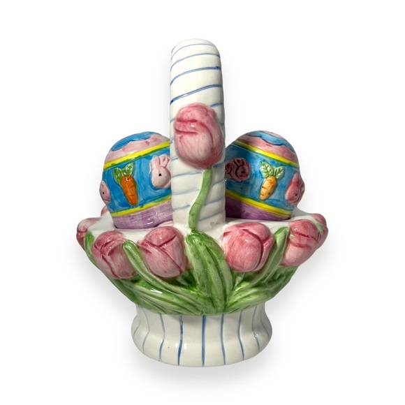 Easter Eggs in Basket Salt & Pepper Shakers Tulips Holiday Spring Ceramic 6” H - Picture 2 of 9